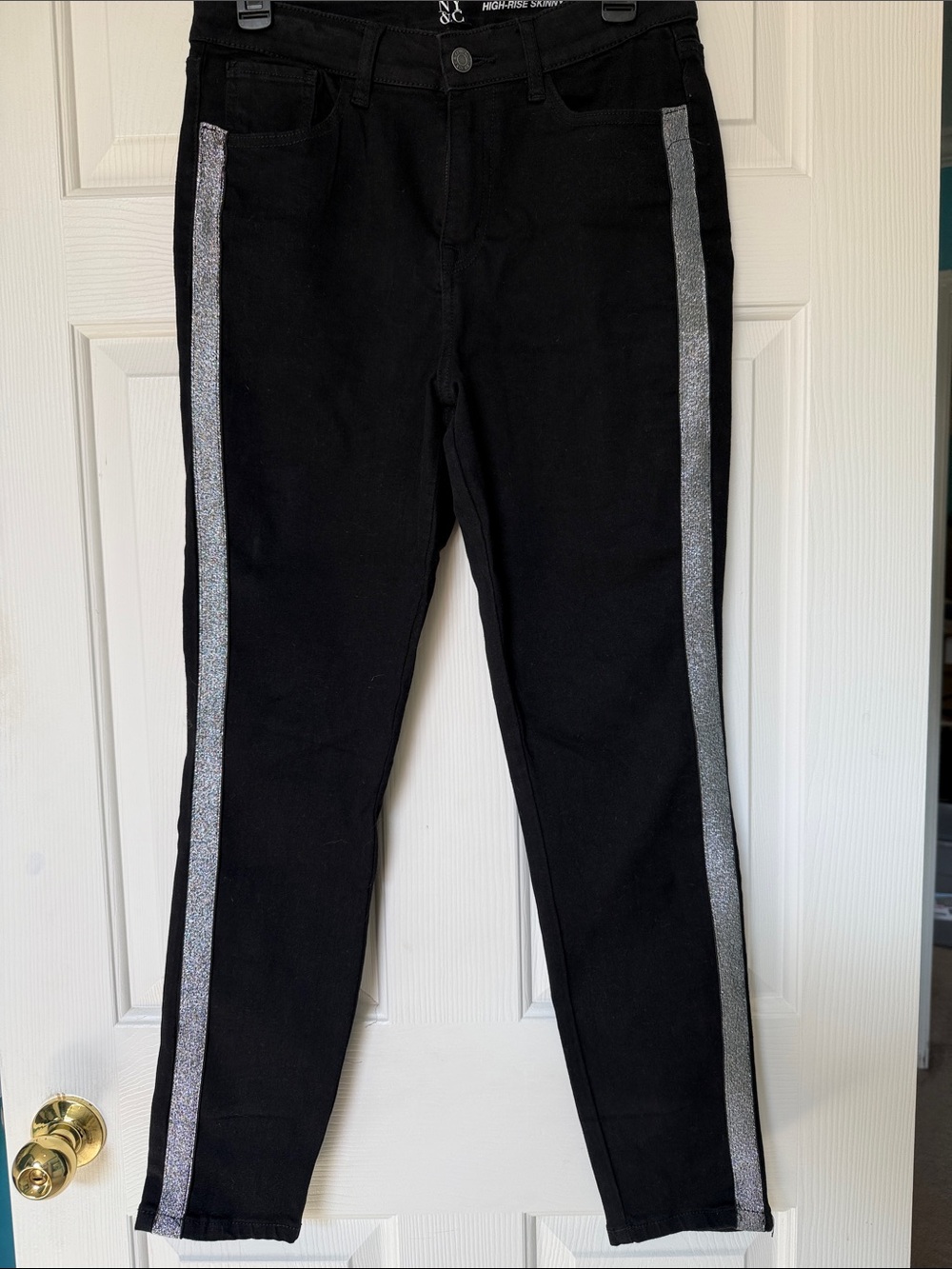 New York & Co Black High Rise Skinny Jeans with Silver Glitter Tuxedo Stripes